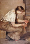 girl kindling a stove.
