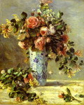 roses and jasmin in a delft vase.