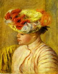 young woman wearing a hat with flowers.