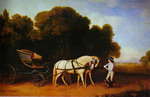 park phaeton with a pair of cream pontes in charge of a stable lad with a dog.