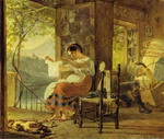 italian woman heavy with a child examining a shirt and her husband making a cradle.