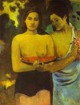 two tahitian women with mango blossoms.