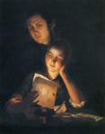 a girl reading a letter by candlelight, with a young man peering over her shoulder